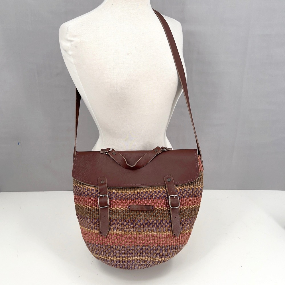 Woven Sisal Leather Crossbody Market Bucket Bag Boho Multicolor Satchel Handmade